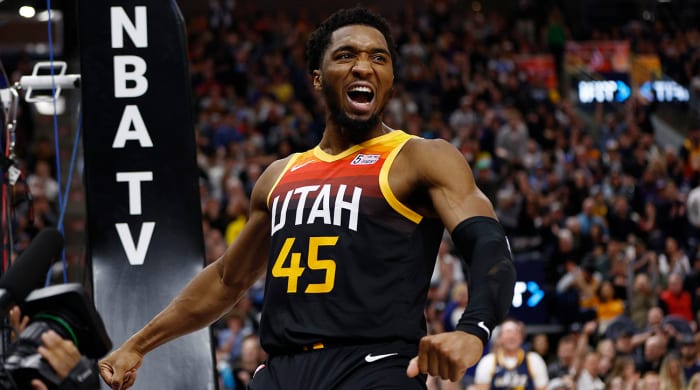 Donovan Mitchell celebrates a play with the Jazz.